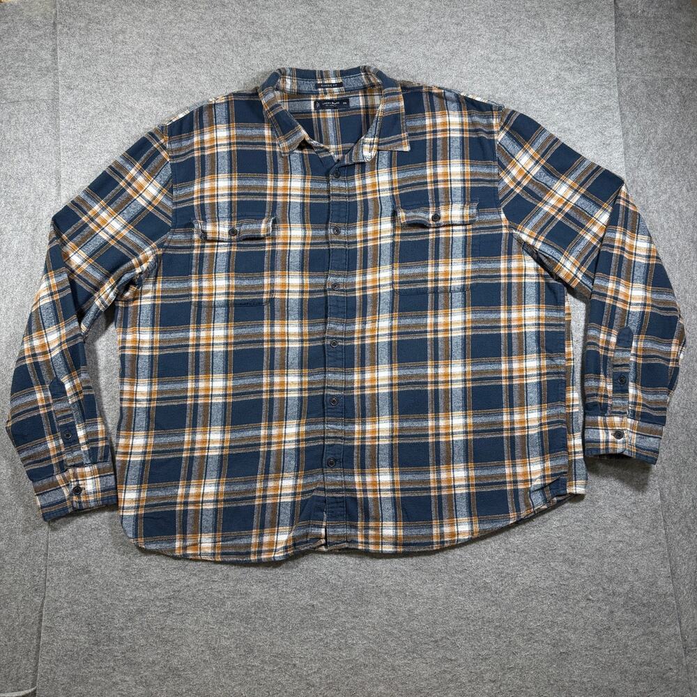 Lucky Brand Flannel Shirt Mens XXL Navy Plaid Classic Fit Chest Pockets Casual